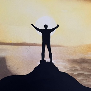 Bild gemalt Mann auf Berg vor Sonne
