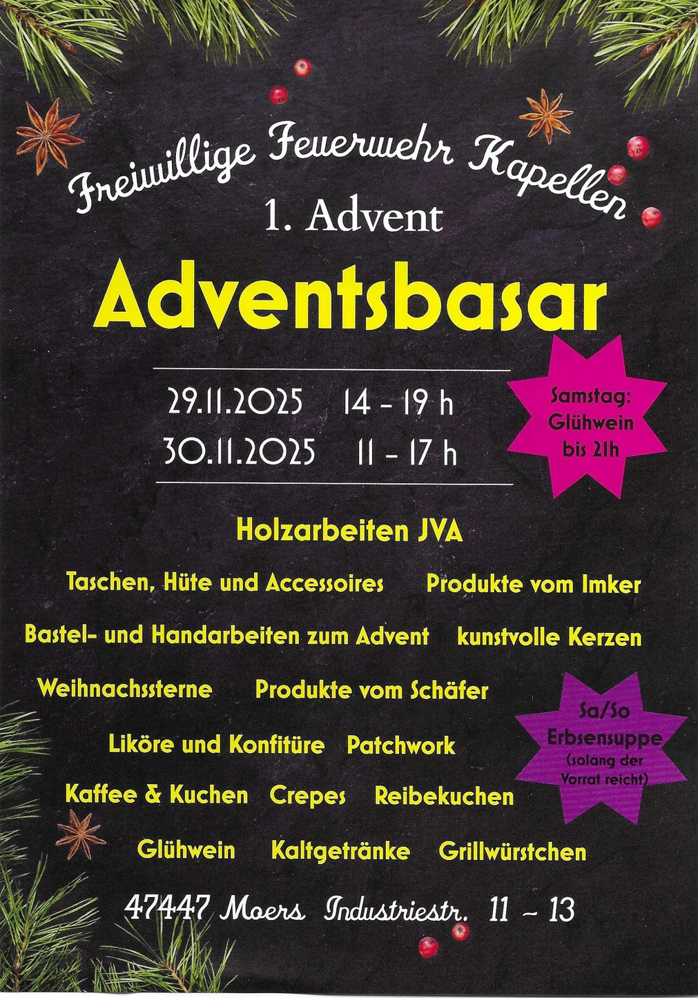 Plakat zum Adventsbasar der freiwilligen Feuerwehr Moers-Kapellen