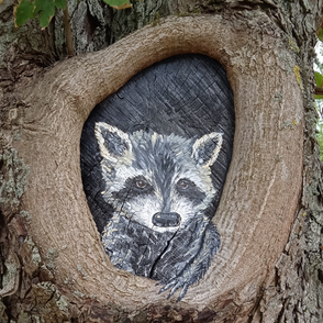 Waschbär aufgemalt auf einem Baum