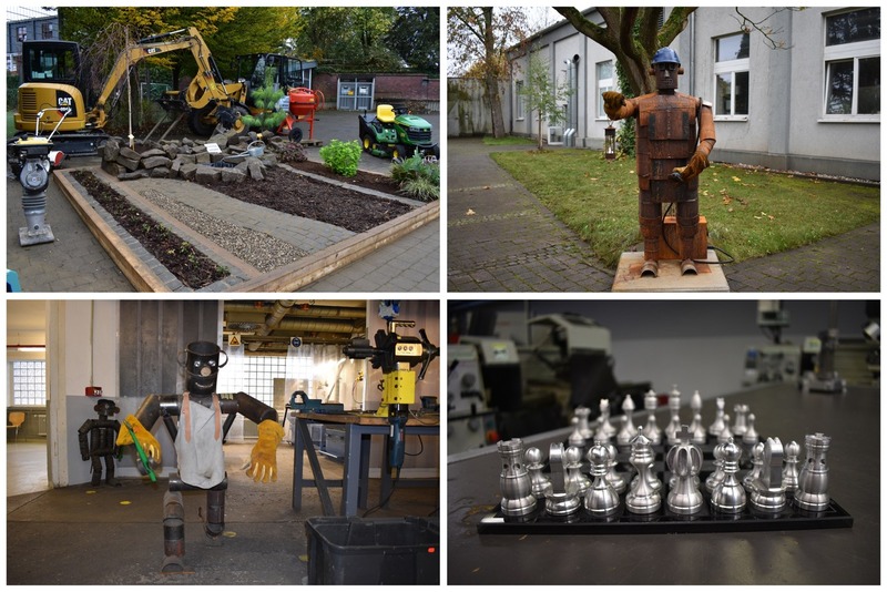 Bildcollage, Garten- und Landschaftsbauer zeigen ihr Handwerk, diverse Metallskulpturen